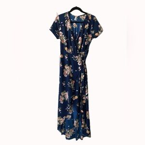 Navy floral high-loe maxi wrap dress.
